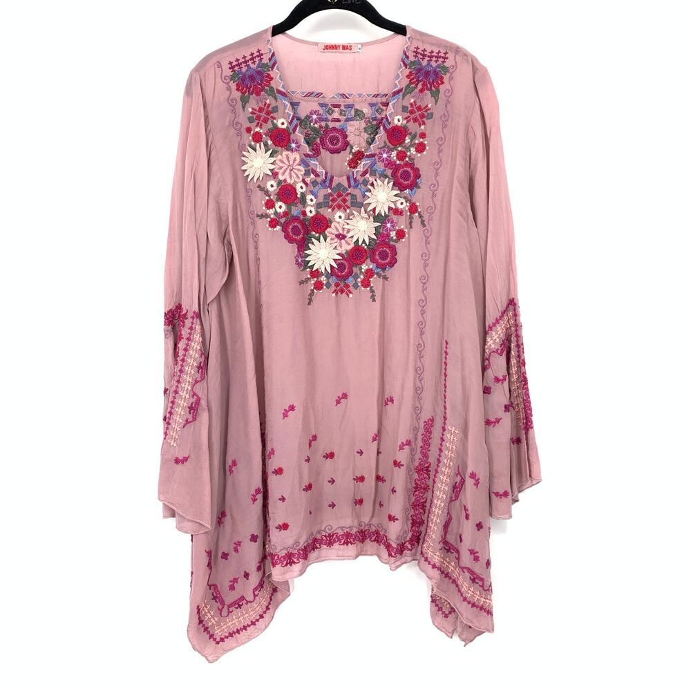 Johnny Was Tunic Top Womens L Pink Floral Embroidered Boho Handkerchief Hem